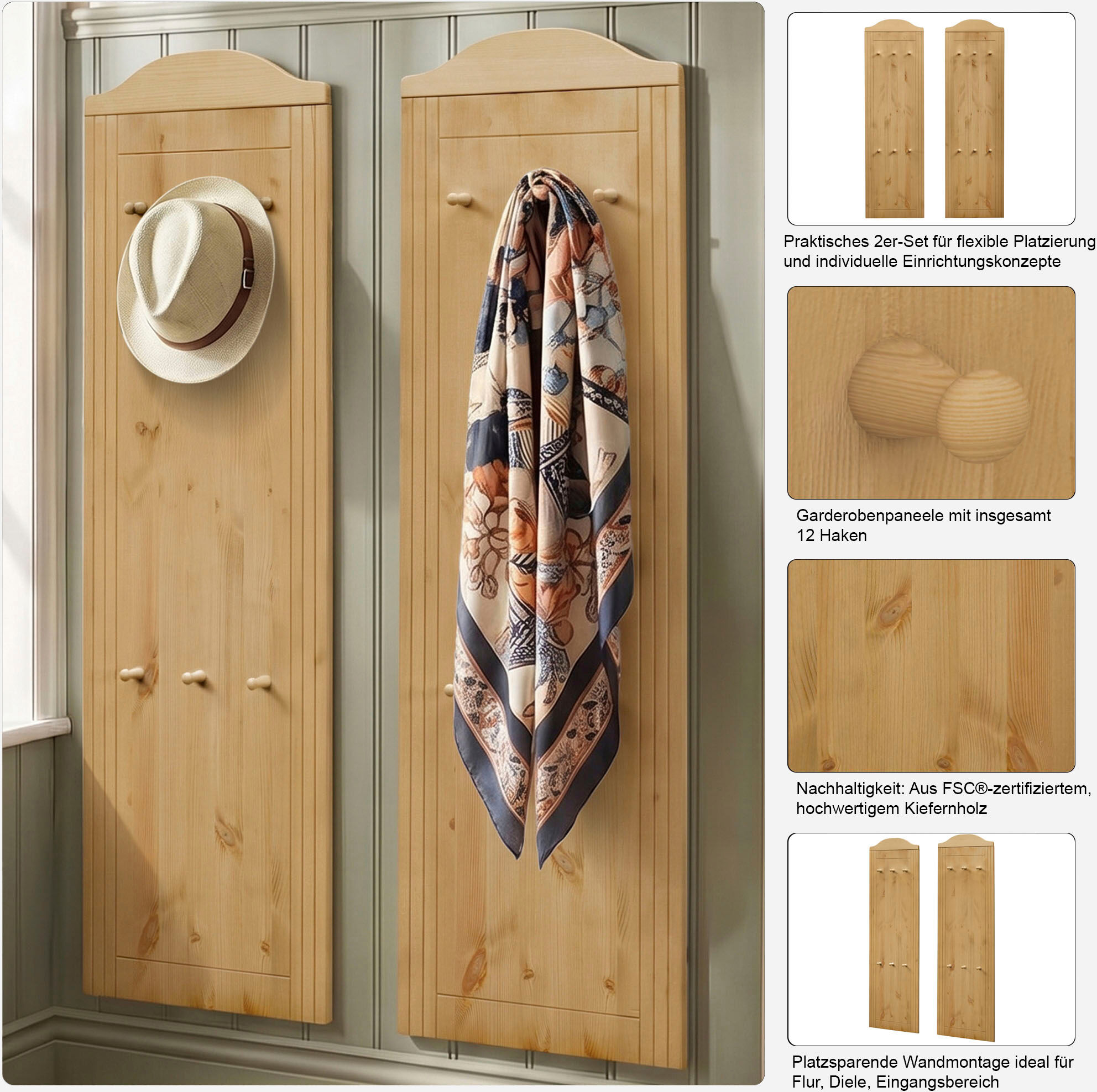 Garderobenpaneel GOODPRODUCT "Finca", beige (natur gebeizt, gewachst), Garderobenpaneele, Garderobenpaneel, im 2er-Set natur gebeizt, gewachst Einheitsgröße