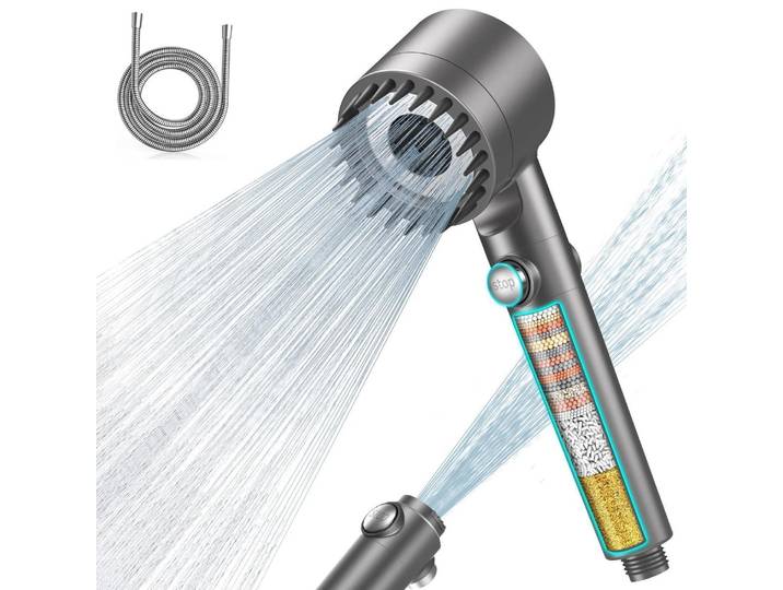 Handbrause mit 15-Schicht-Filter, Hochdruck, 1,5m Schlauch, 4 Strahlarten, Grau