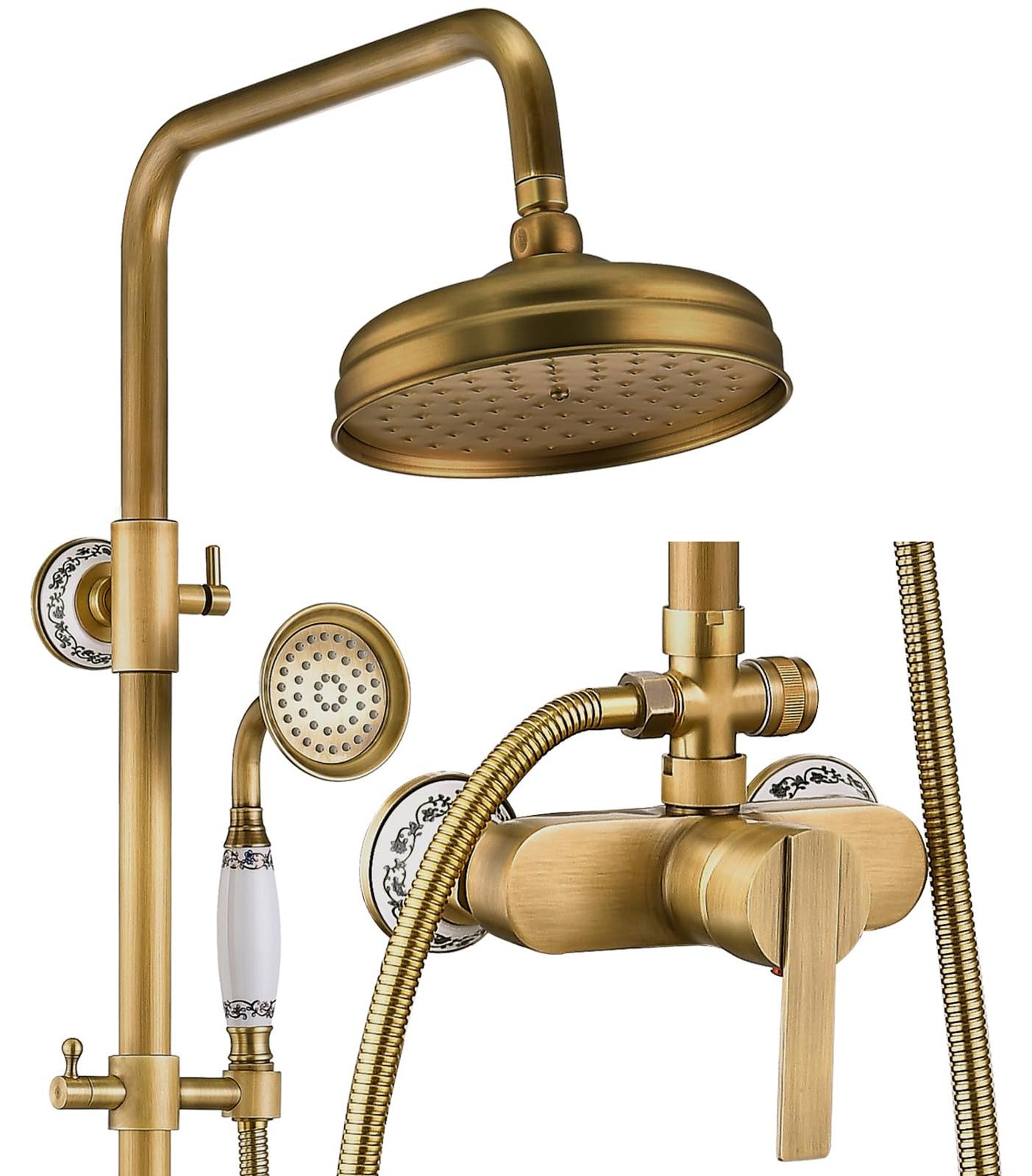 Regendusche-System Wandmontage, 20 cm Duschkopf, Handbrause, Messing Antik