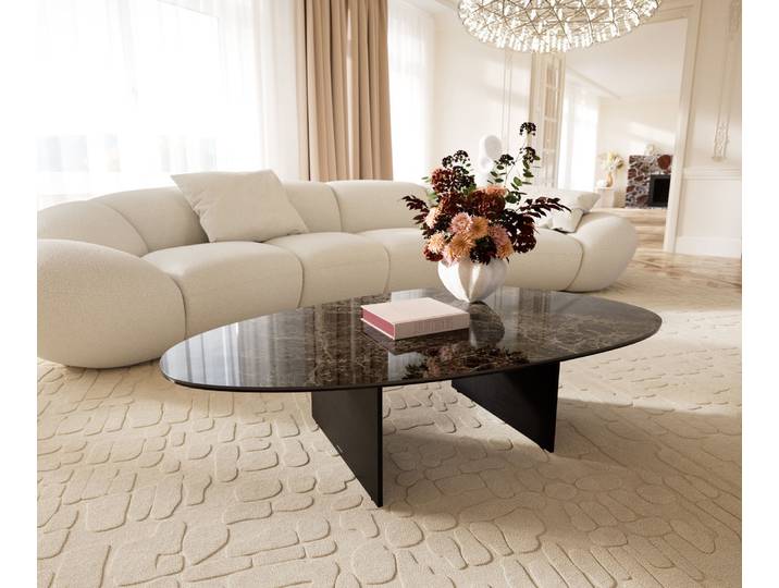 DELIFE Couchtisch Edge Oval 140x75 cm Keramik Emperador Extra Lucidato Dunkelbraun Salto Metall Schwarz, Couchtische