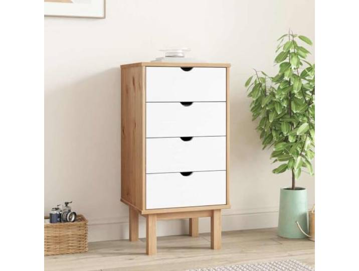 KFPOERTFGD Schubladenschrank OTTA Kiefernholz Kommode mit 4 Schubladen für Wohnzimmer Schlafzimmer 45x39x90 cm Braun & Weiß