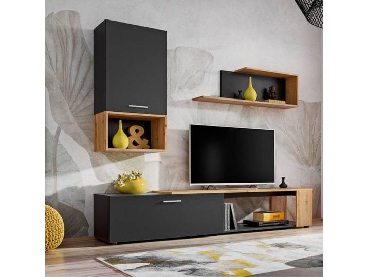 Meuble de salon - asm - ABW Maze II - Noir mat - 200x40x170 cm - 2 portes - Étagère murale
