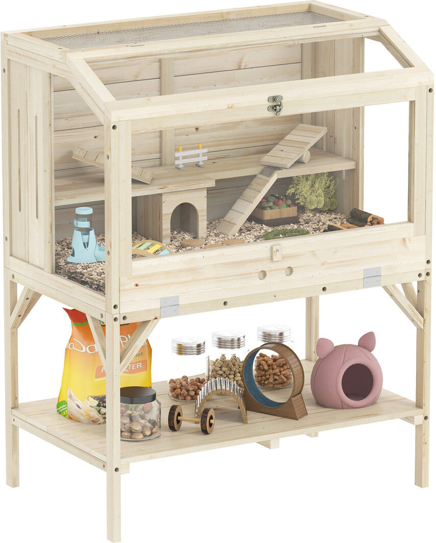 PawHut Wooden Hamster Cage 2 Tier Hamster Habitat with Storage Shelf Natural wood finish 110cm H X 84cm W X 53cm D