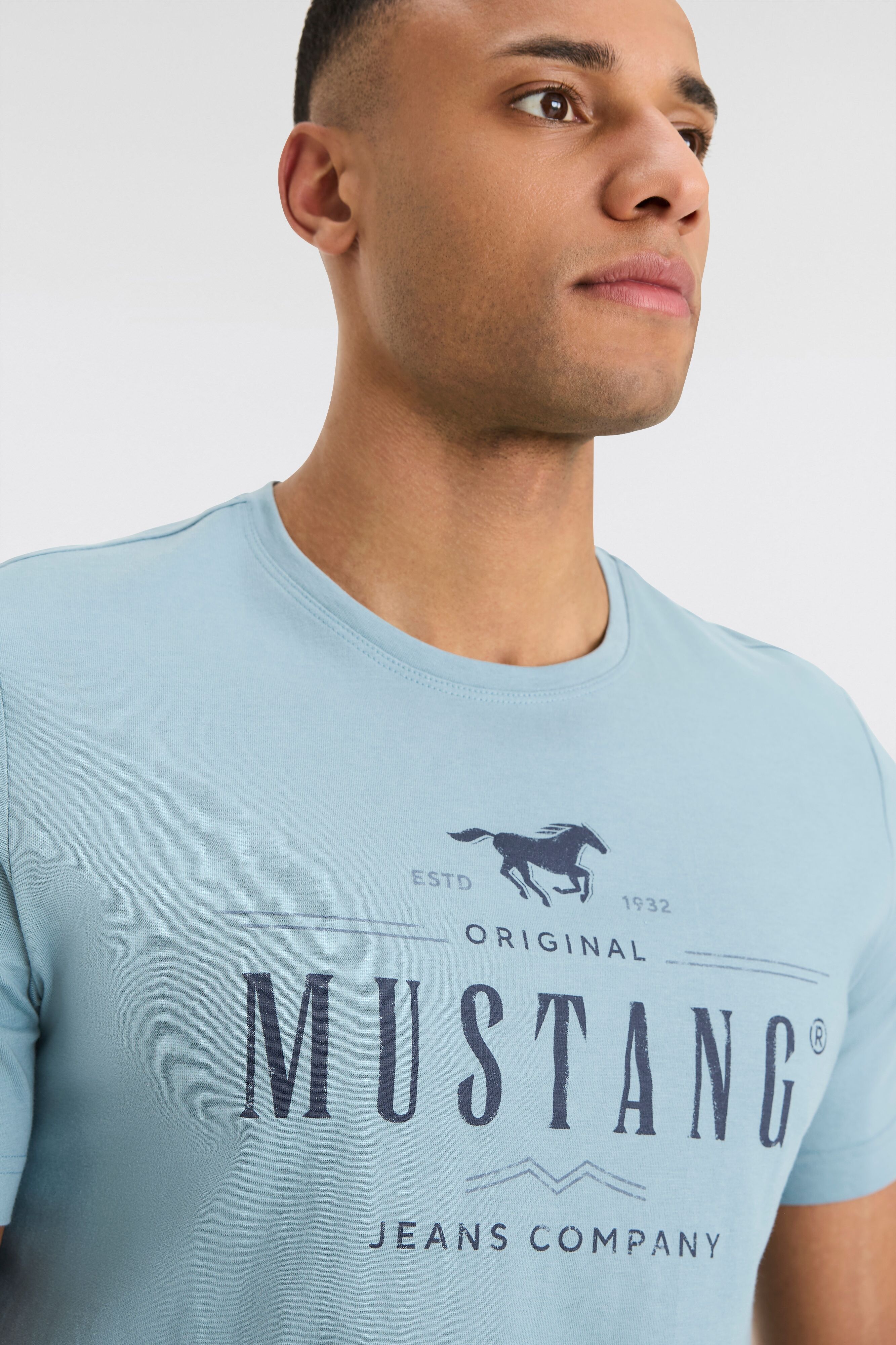 T-Shirt MUSTANG "MU Style Alex C Print", Herren, Gr. L (52/54), blau (smoke blau), Jersey, Obermaterial: 100% Baumwolle, bedruckt, Rundhals, Shirts T-Shirt, Kurzarm-Design, bequeme Passform, bedruckte Optik