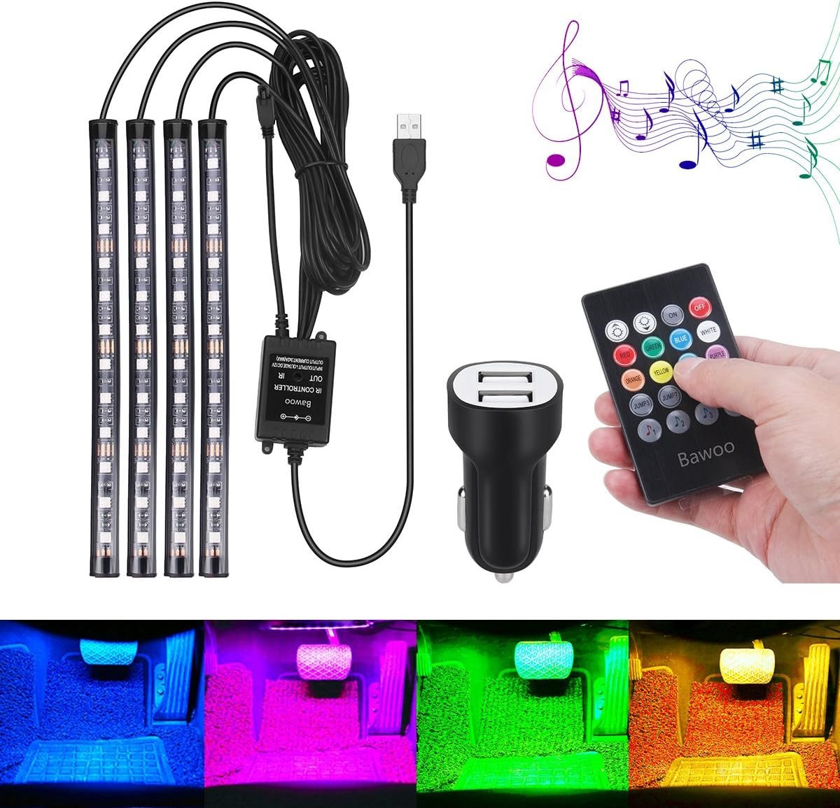 Multicolor LED auto interieurverlichting sfeerverlichting strip met afstandsbediening - 4 stuks