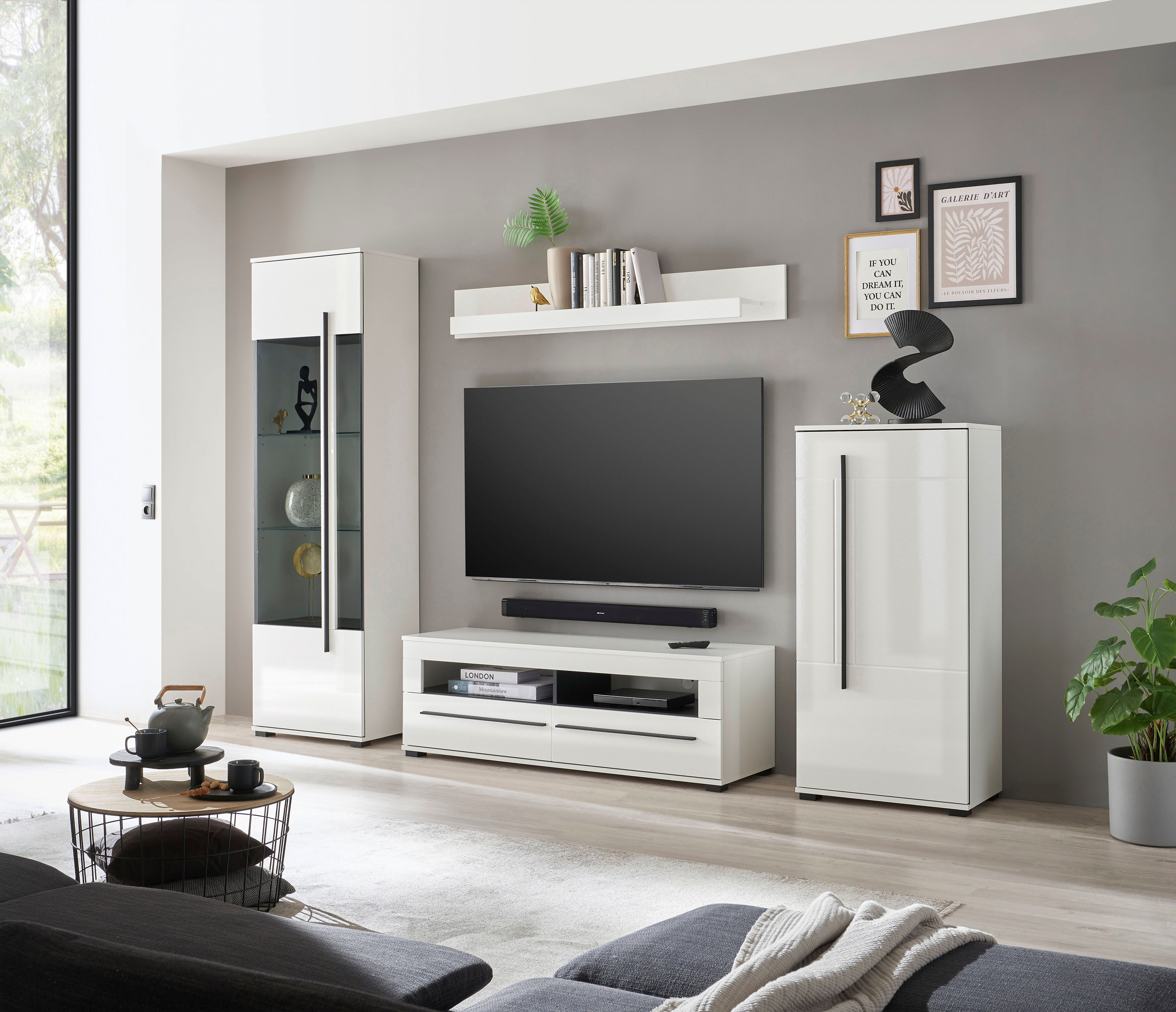 Wohnwand HOME AFFAIRE "Cantara, moderne Anbauwand, Komplettset", weiss (weiß, weiß hochglanz), B:280cm, Kastenmöbel-Sets, Wohnwand, enthält Vitrine, Lowboard, Stauraumelement und Wandboard, 280 cm breit weiß, weiß hochglanz B/H/T: 280cmcm