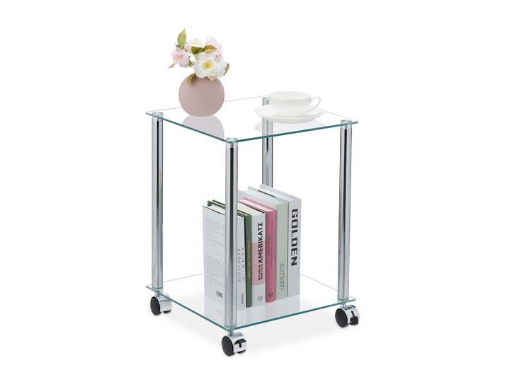 Glas Beistelltisch mit Rollen Schwarz-Silber-Transparent