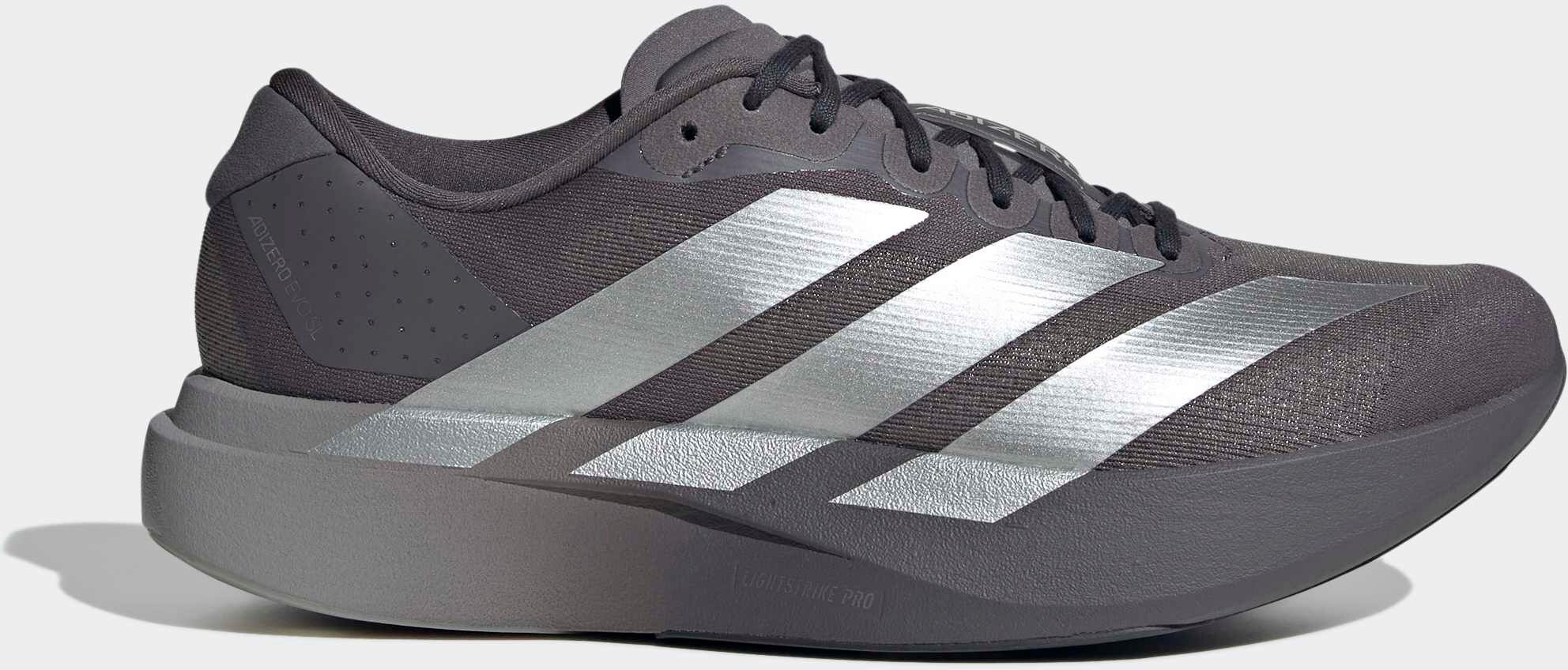 Laufschuh ADIDAS PERFORMANCE "ADIZERO EVO SL", Herren, Gr. 46, grau strata, silber metallic, light granite, Textil, Schuhe Laufschuh, angelehnt an das Design vom Adios Pro Evo grau strata, silber metallic, light granite 46