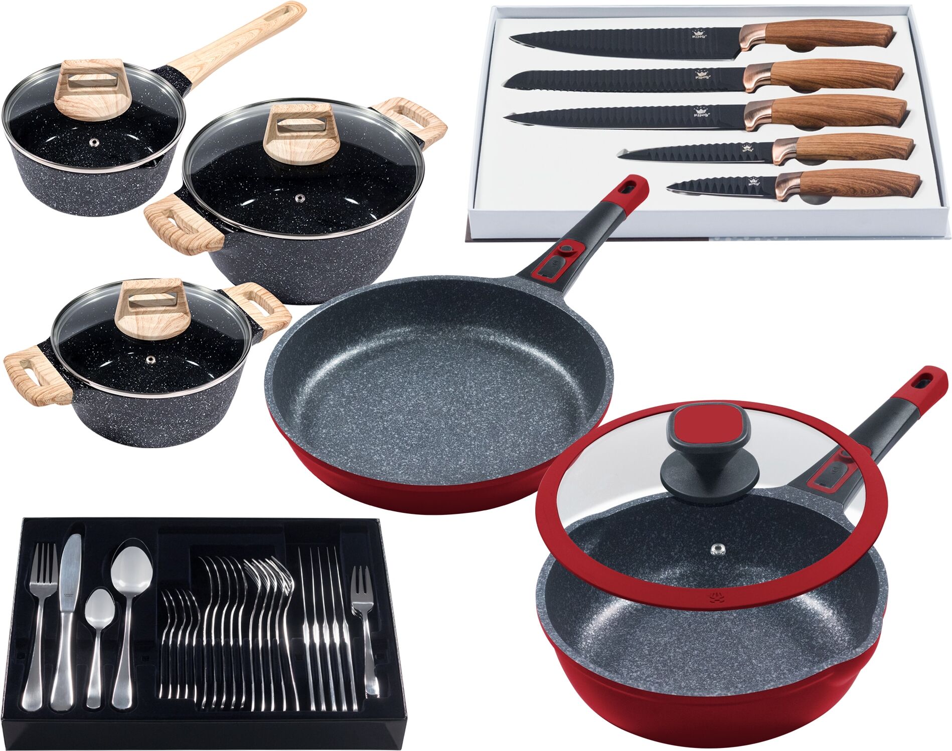 Pfannen-Set KING "Moonscape", rot, Pfannen, Induktion, (Töpfe+Glasdeckel, Pfannen+Deckel,Messer,Besteckset)