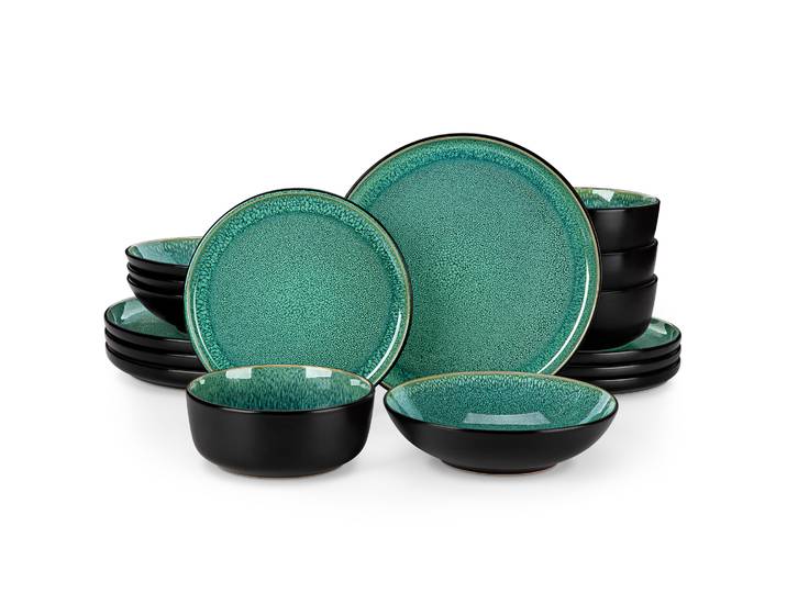 Service de table en grès Vancasso 16/32 pièces, glaçure réactive, 4 couleurs, comprenant 4 assiettes plates, assiettes à dessert, assiettes à soupe et bols.