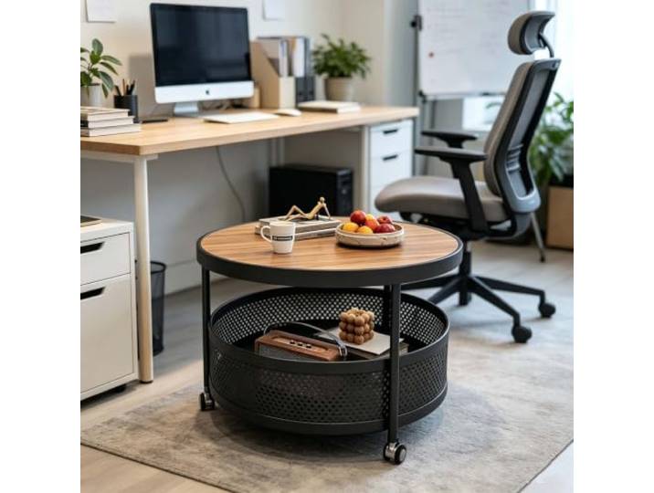 kumamart 2 Etagen Runder Couchtisch auf Rollen, Beistelltisch mit Korbfach 2-etagiger runder Couchtisch mit unterem Gitterkorb und rostfreiem Metallrahmen.