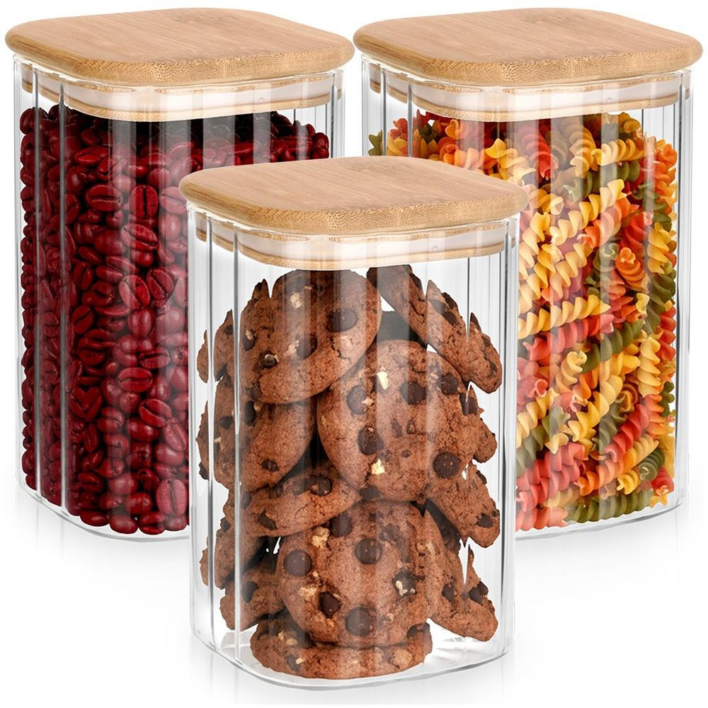 Vilde Voedselcontainers met bamboe deksel - Set van 3 stuks - Glazen containers, 1,1 liter per stuk