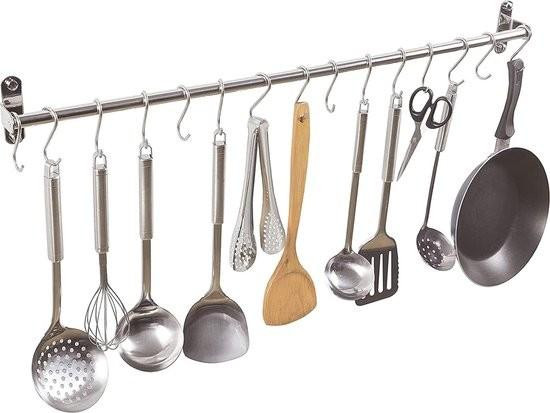 Rode wandstaaf van roestvrij staal met 15 losse haken voor de keuken en badkamer
