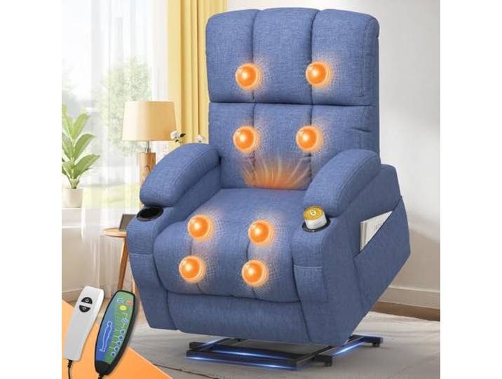 Massagesessel mit Aufstehhilfe, Relaxsessel & Fernsehsessel mit Massage- und Heizfunktion, USB + Typ-C Ladeanschlüsse, 4 Aufbewahrungstaschen & 2 Getränkehaltern, elektrischer Liegesessel für Wohnzimm