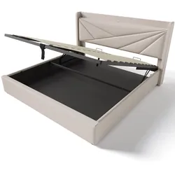 Polsterbett Stauraumbett Bettgestell 160x200 mit USB TypC Ladefunktion Kopfteil Stauraum Eisenrahmen Massivholzlatten modern bequem beige