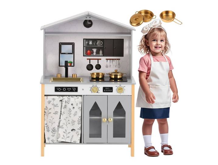 kowdom Spielküche Kinderküche Spielküche Hausdesign mit Zubehör ab 3 Jahren Holz, Hausdesign, interaktiv, kippsichere Konstruktion, EN71-zertifiziert
