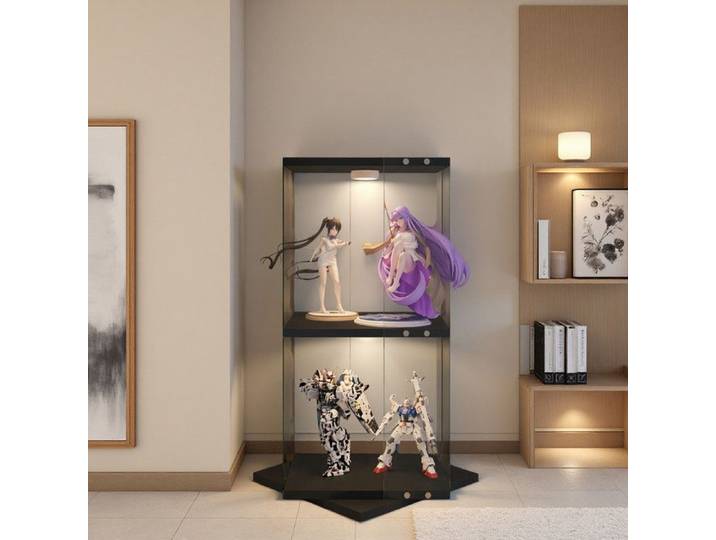 Vitrine en verre - URBANLUXE - 2 étagères - LED - Pivotante 360° - Sans portes