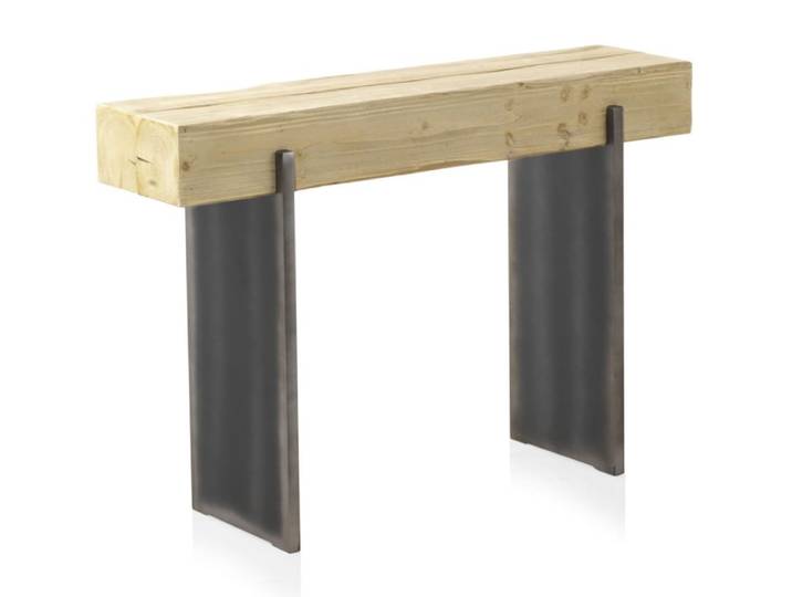 Table console plaquée en épicéa avec pieds laqués en métallique