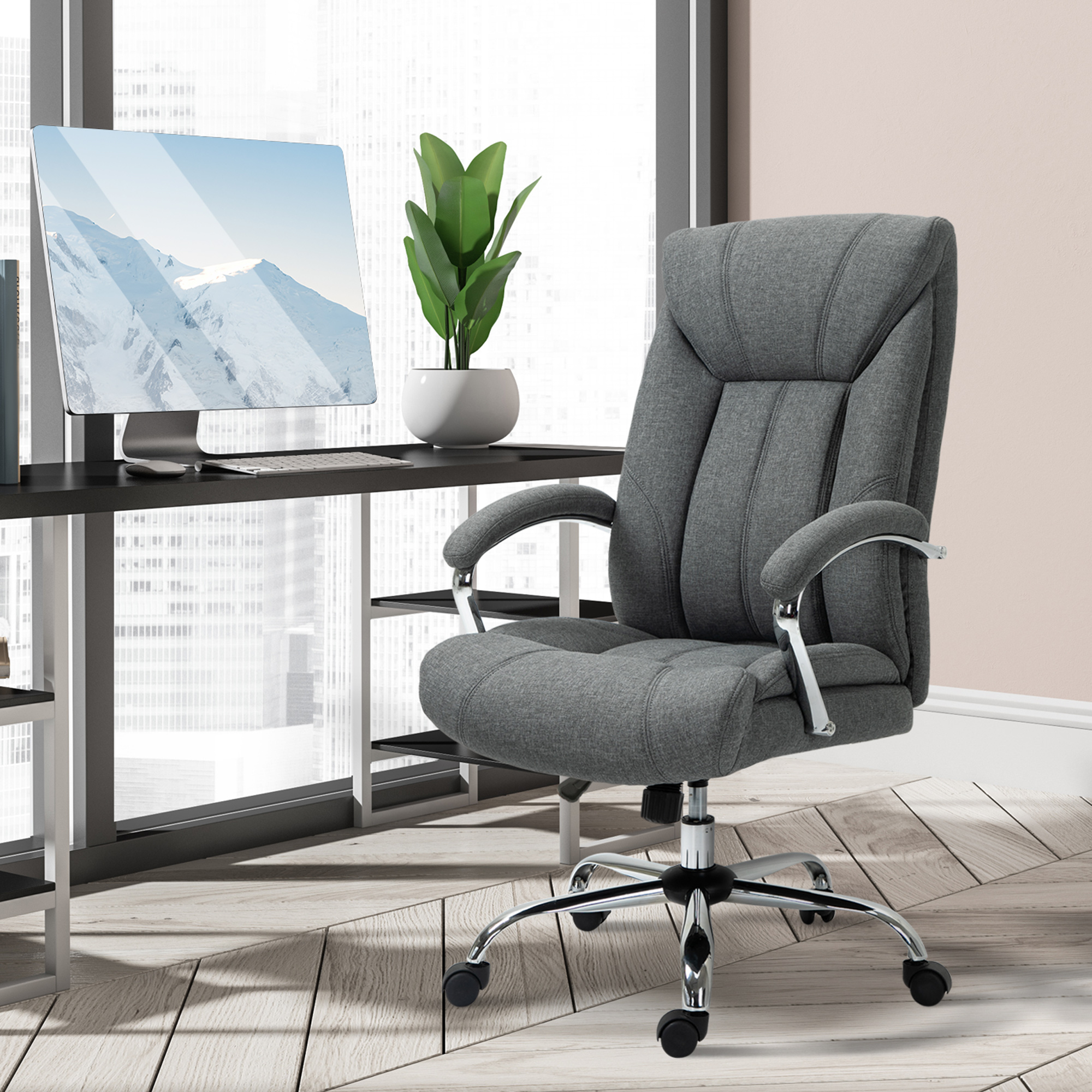 Vinsetto Sedia da Ufficio Imbottita e Girevole in Tessuto Traspirante, 65x78x110-120cm, Grigio
