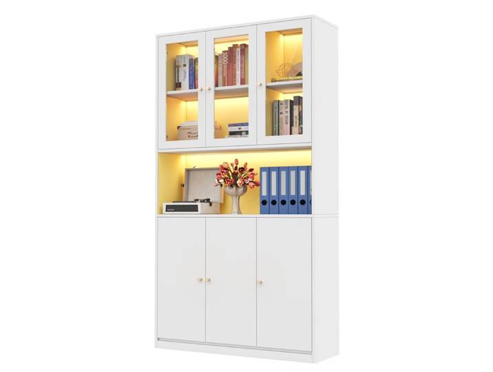 Bibliothèque blanche 100x35x200 cm étagère vitrine avec portes vitrées et LED 3 portes compartiment ouvert rangement livres dossiers