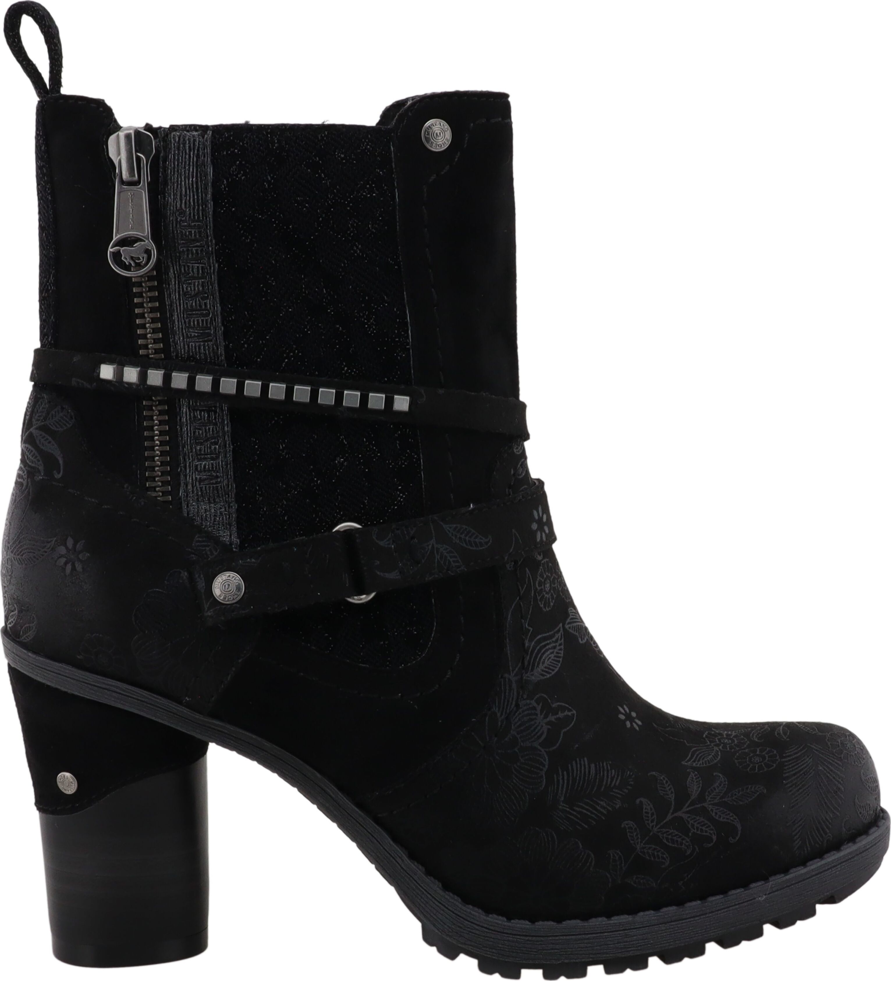 Stiefelette MUSTANG SHOES "Mode-Stiefel", Damen, Gr. 36, wärmend, schwarz, Lederimitat, Textil, Schuhe Stiefelette, Blockabsatz, Boots mit Zierreißverschluss und Zierriemchen