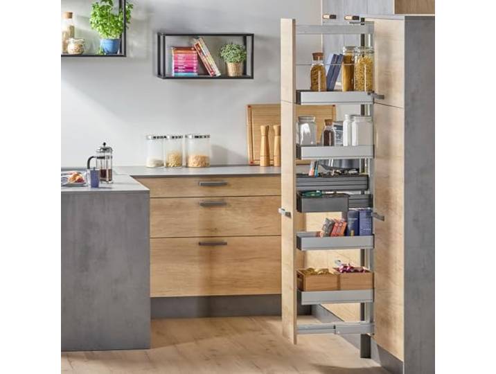SOTECH Dispensa-X Apothekerauszug Silbergrau 300 mm Tragkraft 100 kg 1600-2000 mm SoftstopPlus Clickfixx und 5 ARENA Pure Einhängetablare mit dunkelgrauem Boden für breite Schränke Kesseböhmer