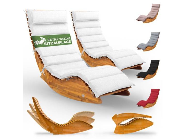 CASARIA® 2x Chaise longue à bascule JAVA avec housse crème bois d'acacia certifié FSC® pliable Capacité de charge 160kg