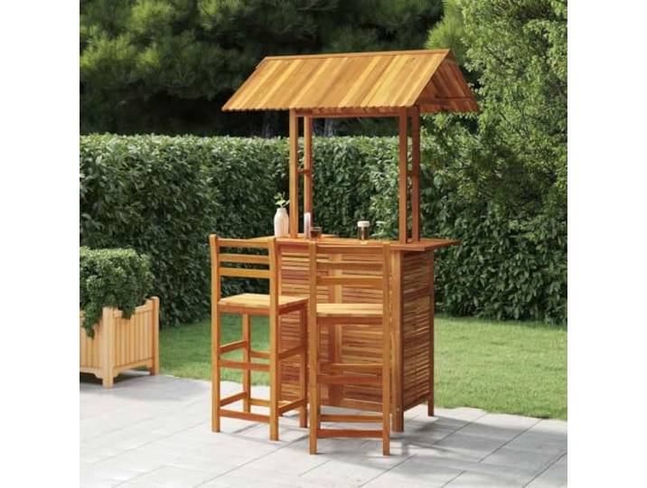 YUOTYRKTEJRSG Massives Akazienholz mit Schutzdach Bistrotisch Braun 3-tlg. Gartenbar-Set Massivholz Akazia mit Sonnenschutz, Bar Tisch und 2 Barhocker, Balkon Terrasse Biergarten Möbel,