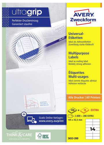Avery-Zweckform 3653-200 Universal-Etiketten 105 x 42.3mm Papier Weiß 3080 St. Permanent haftend Laserdrucker, Farblaserdrucker