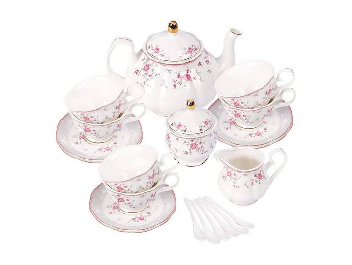 fanquare Teeservice Porzellan Tee Sets 21 Stk. Teetasse Untertasse Set Hochzeit Rose Rot