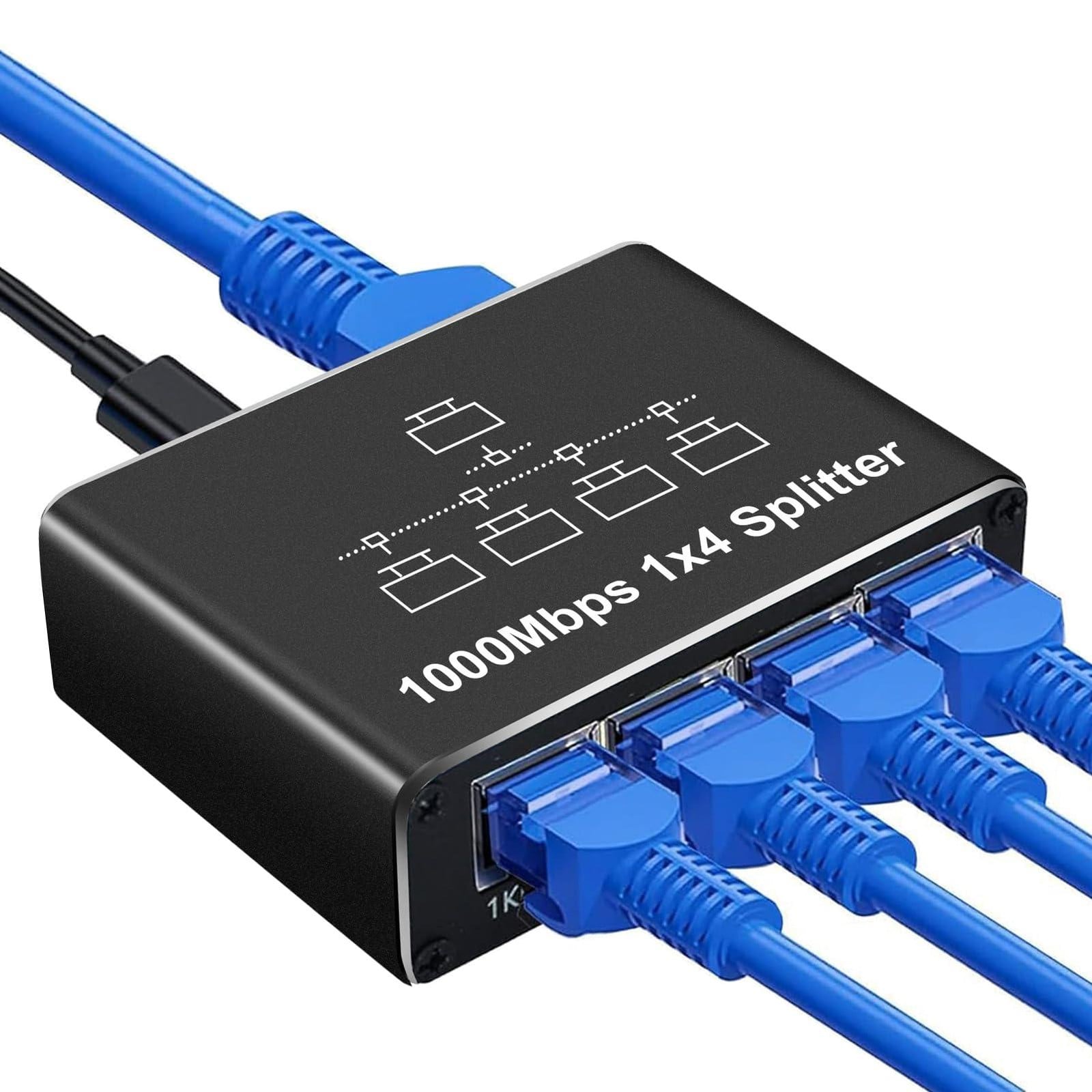 Selius Ethernet-switch 1-4 poorten 1000 Mbps RJ45 splitter LAN met USB-C netsnoer