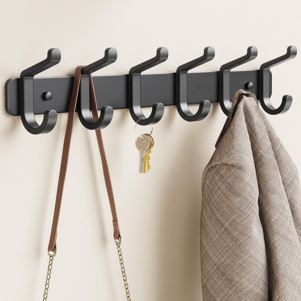 Heavy-duty metalen wandkapstok met 6 haken voor jassen en accessoires