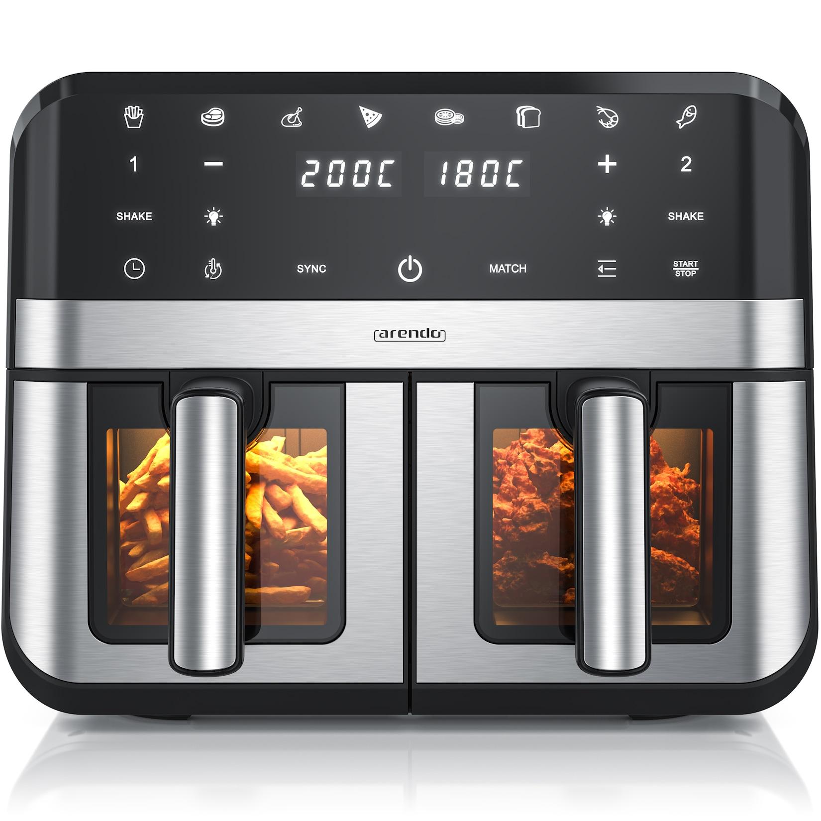 Arendo Heißluftfritteuse XXL Doppelkammer Airfryer, Dual Zone, Sichtfenster mit Beleuchtung, 2400 W, mit Zubehör, Touchscreen, 3D Umluftsystem