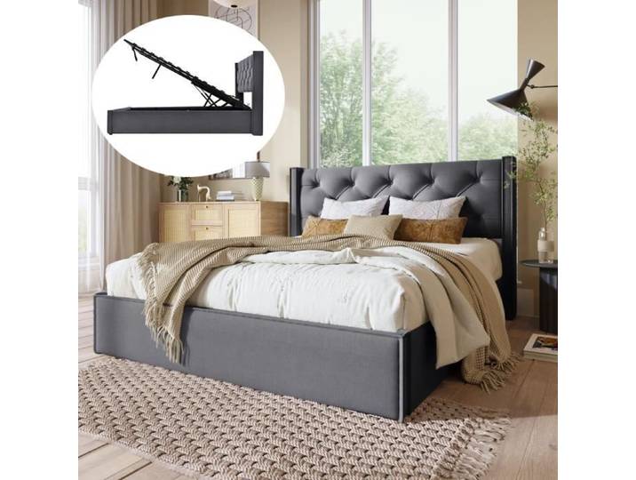 Lit Coffre - Lit Double 2 Places - 140x200cm - Sommier à lattes - Rangement - Gris