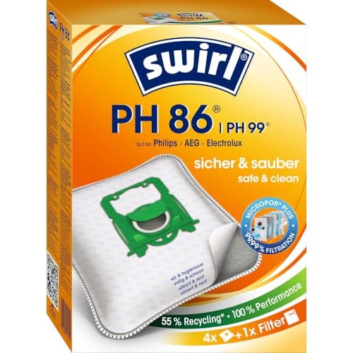 Swirl PH 86 / PH 96 EcoPor stofzuigerzakken voor AEG, Dirt Devil, Electrolux en Philips, wit, 4 stuks