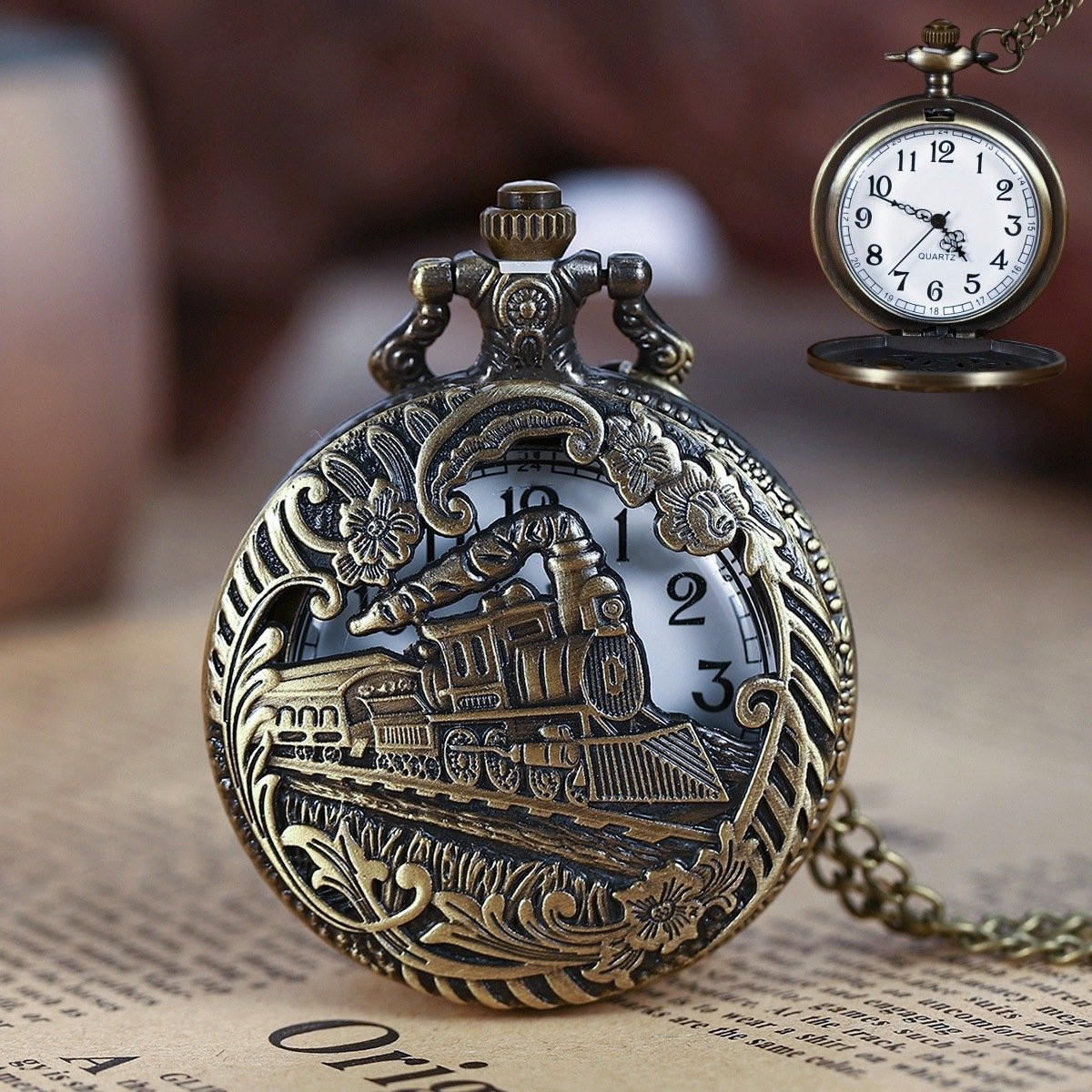 OUTARO Vintage locomotief zakhorloge voor heren met 3D stoomtrein design en Arabische cijfers inclusief ketting