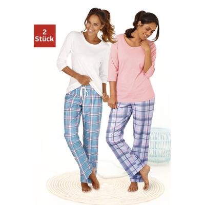 Pyjama ARIZONA, Damen, Gr. 32/34, orange (koralle, kariert, ecru, kariert), Single Jersey, Obermaterial: 100% Baumwolle, unifarben, bequem lang, Rundhals, Homewear-Sets Pyjama, mit passenden Basicshirts