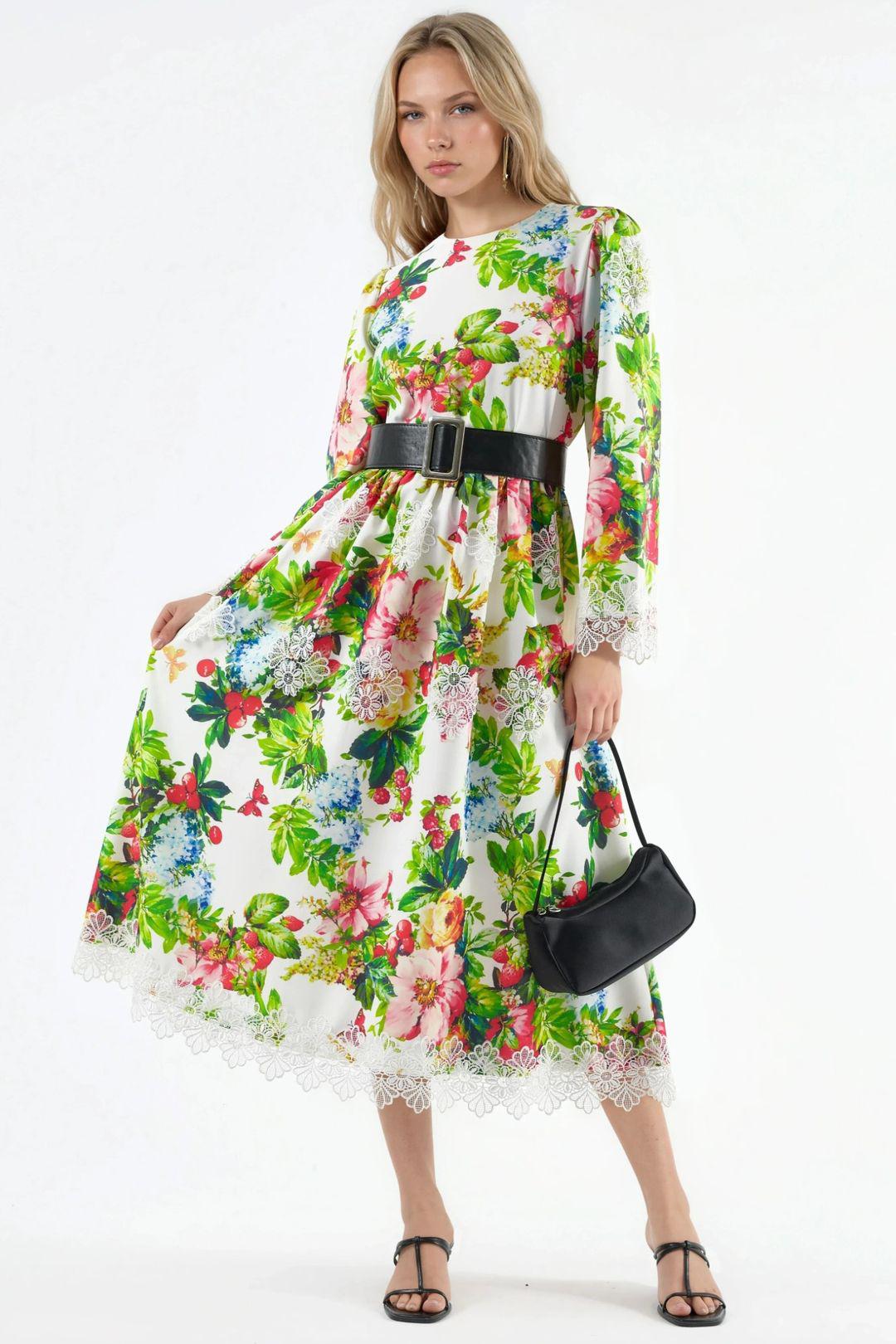 Blumenmuster Gürtel-A-Linien-Midi-Kleid