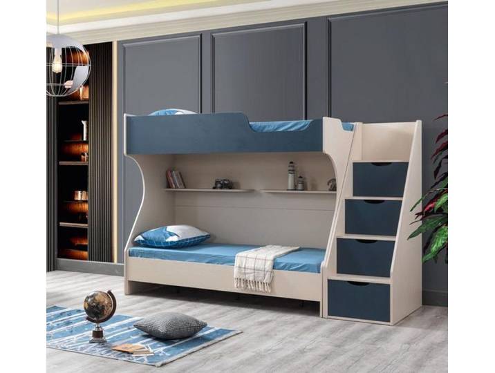 Xlmoebel Etagenbett Blaues Holz-Kinderbett von XLMOEBEL – modern und sicher (Etagenbett, 1-St., Blaues Etagenbett 97 x 190 cm), Made in Europa