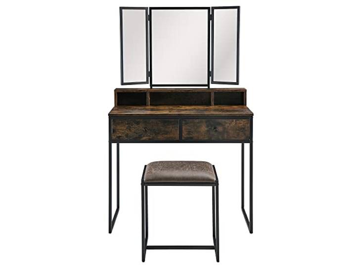 MODERION Schminktisch, Frisiertisch mit 3-teiligem Klappspiegel(inkl. 3 Unterteiler), Kosmetiktisch mit gepolstertem Hocker, 2 Schubladen, 90 x 40 x 142 cm (Braun A1)