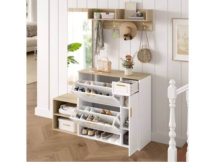 Vestiaire D Entree 4 Pieces Blanc Naturel Ensemble Moderne FloraGrace Pour Entree 35cm De Profondeur 139.5x35x166cm