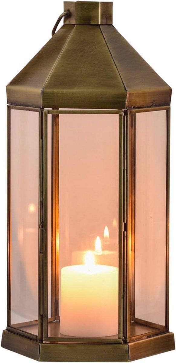 Decoratieve windlicht lantaarn in antiek metaal en glas voor tafeldecoratie, Hoogte: 29 cm