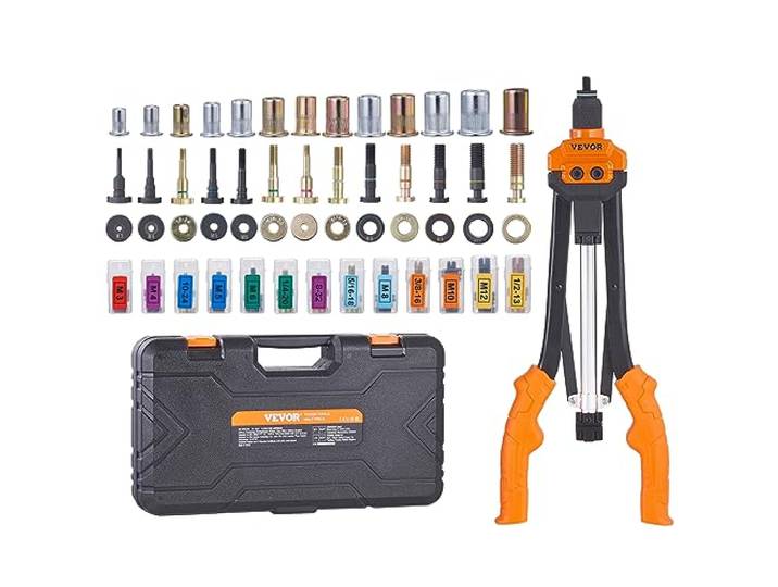 VEVOR Riveteuse Manuelle pour Écrou à Sertir 41 cm Pince à Insert Fileté avec 13 Mandrins 186 Écrous de 13 Tailles Outil à Riveter Dérivetage Semi-Automatique avec Mallette pour Automobile Bricolage