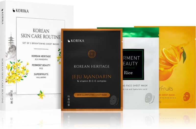 KORIKA KOREAN SKIN CARE ROUTINE SET OF 3 BRIGHTENING SHEET MASKS set with a brightening effect