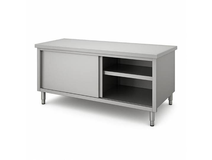 Meuble inox central - 1200 x 600 mm (2 portes coulissantes) - Inox - Pieds réglables 145 mm - Plateau supérieur