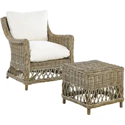 GARTENSESSEL mit Hocker Rattan natürlich Auflagen cremeweiß Ribolla