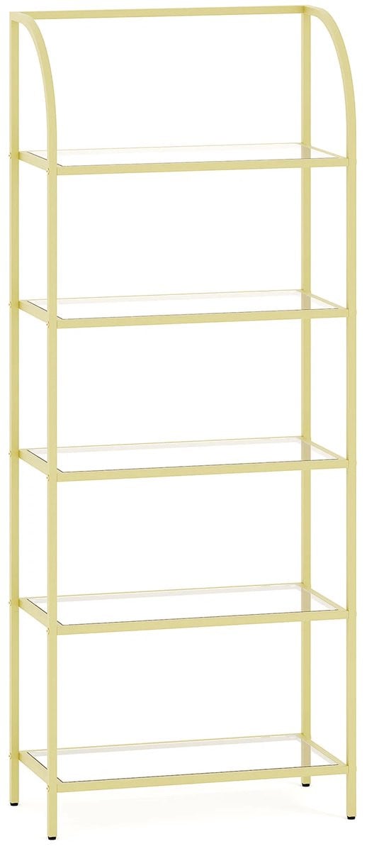 Boekenplank met 5 planken van gehard glas en stalen frame, smalle ladderplank voor slaapkamer, badkamer of thuiskantoor