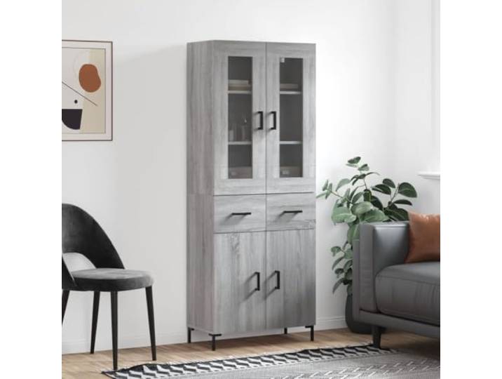 RJPLMFV Anrichte hoch, Sonoma, Grau, 69,5 x 34 x 180 cm, Holz, Technik Füße aus Metall, großer Stauraum, Wandbefestigung inklusive, stabiler Schrank
