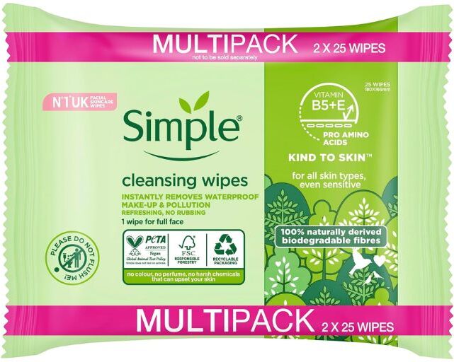 Simple Kind To Skin Biodegradable Cleansing Wipes 25's Double Pack