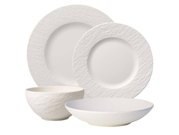 Villeroy & Boch Manufacture Rock Blanc Geschirr-Set, 4-teilig, wunderschön gearbeitetes und zeitloses Geschirr, Gläser und Besteck